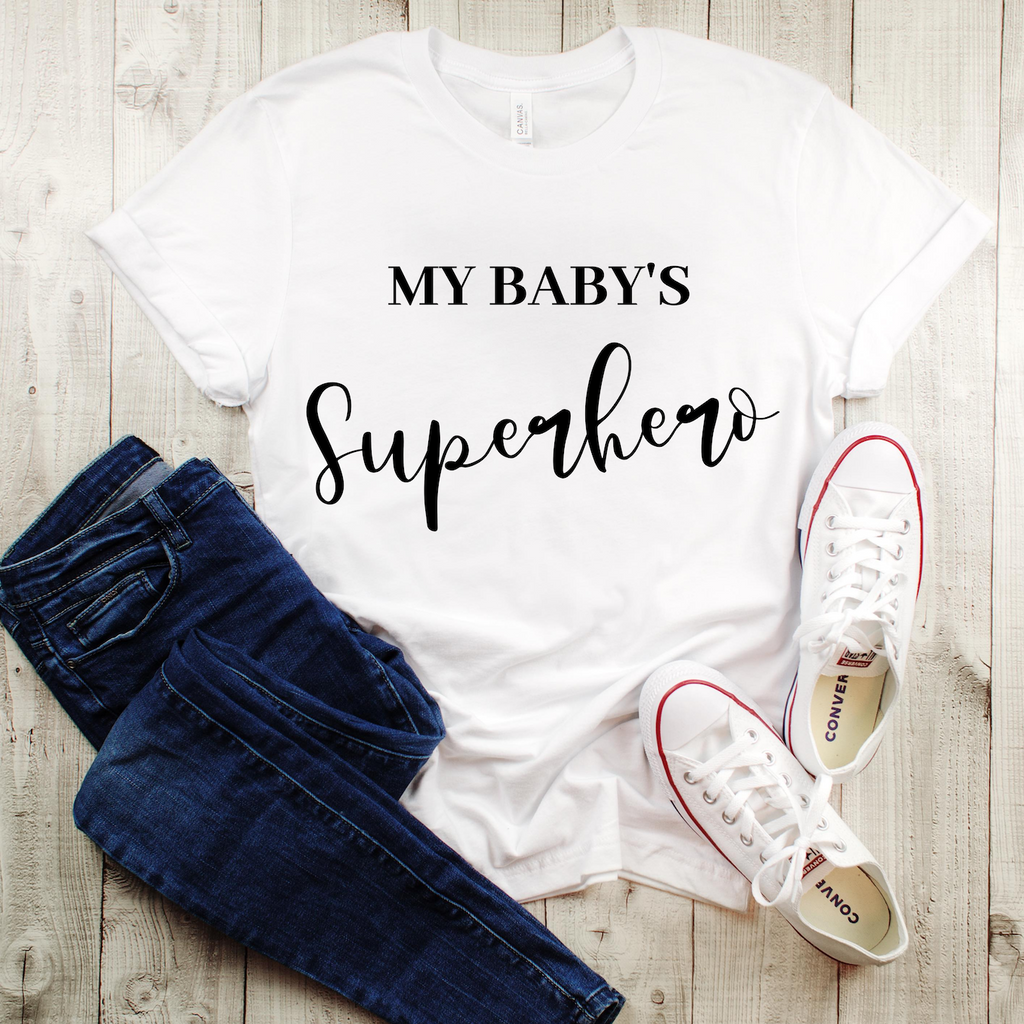 "My Baby's SuperHero" Ladies Tee - MamaBuzz Creations